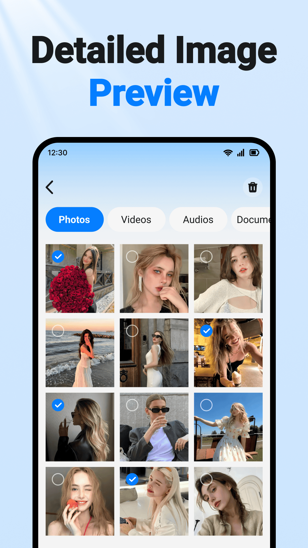 Detailed photo preview and selection interface